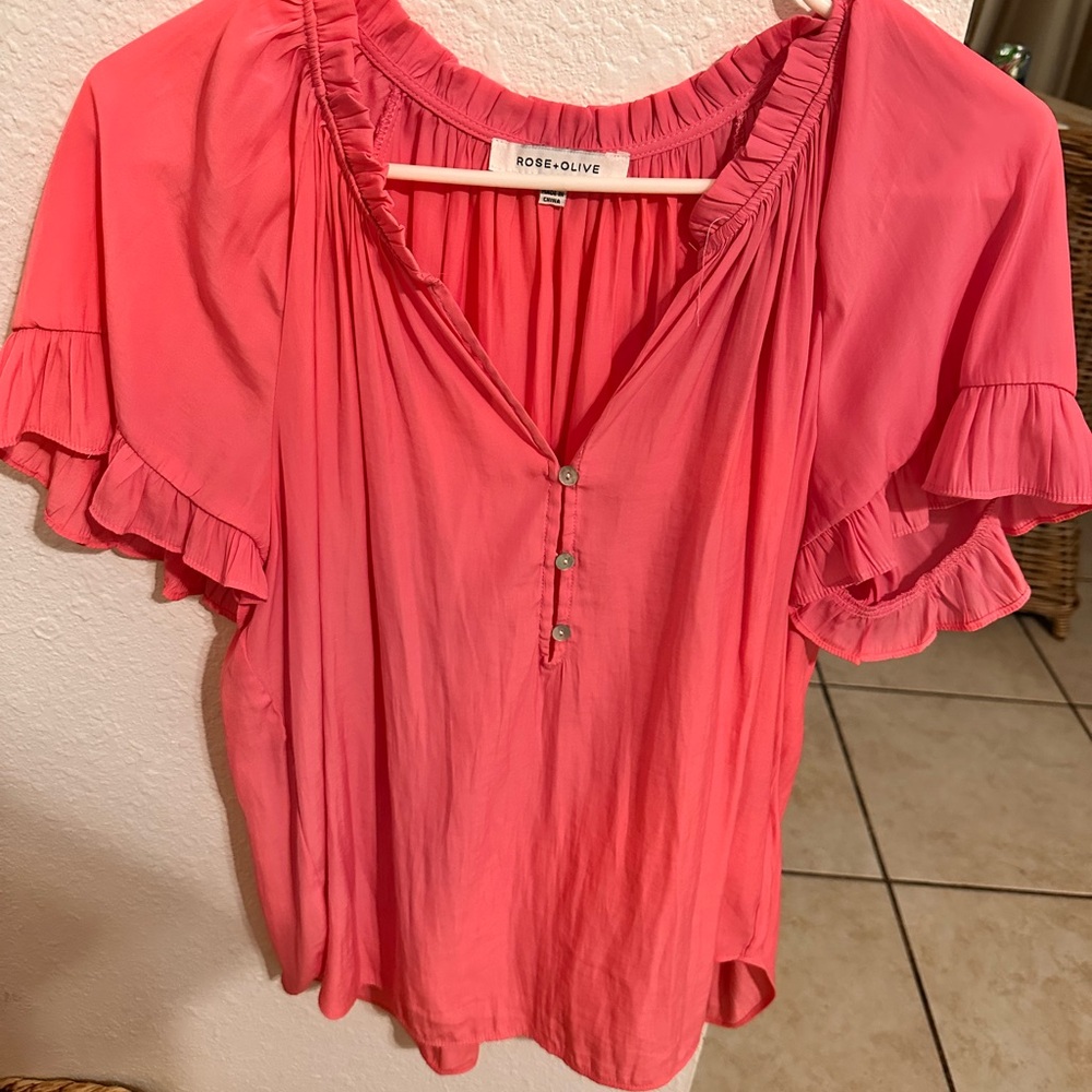 Rose & Olive Coral Ruffle Sleeve Blouse